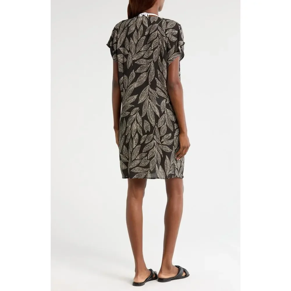 Elan Black + Cream Leaf Print Short Sleeve Tie Front Swimsuit Coverup Medium